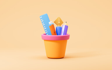 Cartoon pen container and various stationery, 3d rendering.