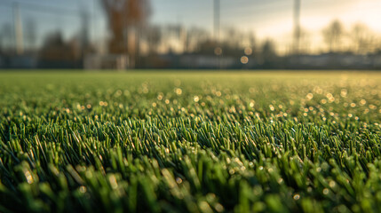Close up of a vibrant green artificial turf field with a blurred background at golden hour light