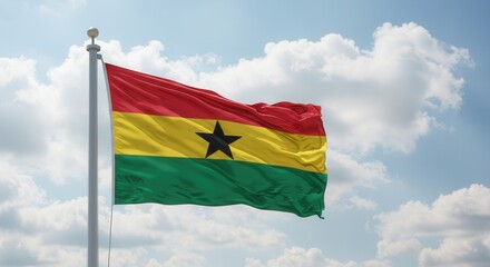 Ghana National Flag Waving on Tall Flagpole in Sky with Clouds – Ghana Independence Day Celebration, Patriotism, Freedom, Ghana Culture & Heritage