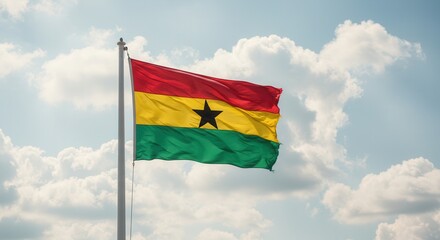 Ghana National Flag Waving on Tall Flagpole in Sky with Clouds – Ghana Independence Day Celebration, Patriotism, Freedom, Ghana Culture & Heritage