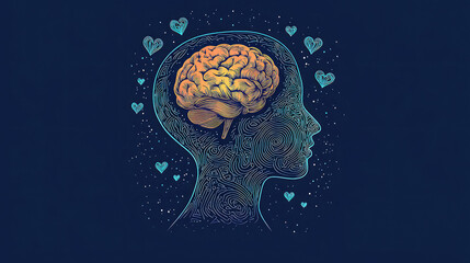 Illustration of a human head with an orange brain and blue hearts floating around on a dark blue background