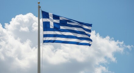 Greece National Flag Waving on Tall Flagpole in Sky with Clouds &ndash; Greece Independence Day Celebration, Patriotism, Freedom, Greece Culture & Heritage