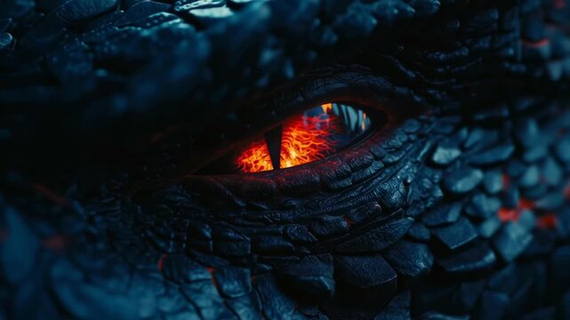 A close up of a dragon's eye with a red glowing pupil. The eye is surrounded by a dark blue background