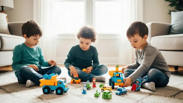 Three children engaged in creative play with colorful toy vehicles and figures on a soft rug in a bright living room fostering imagination and teamwork in a cozy environment