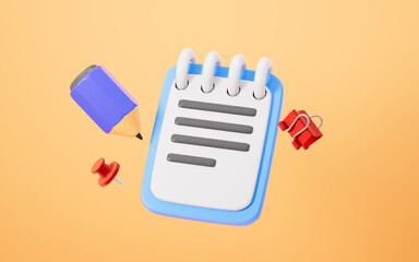 Cartoon Notepad, pens, pencils, and other stationery items, 3d rendering.