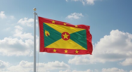 Grenada National Flag Waving on Tall Flagpole in Sky with Clouds &ndash; Grenada Independence Day Celebration, Patriotism, Freedom, Grenada Culture & Heritage