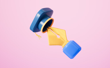 Cartoon pen and graduate cap in the pink background, 3d rendering.