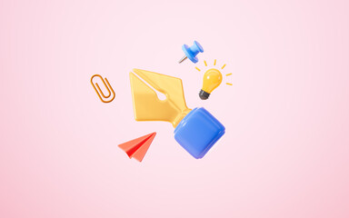 Cartoon pen, pushpin and paper clip in the pink background, 3d rendering.