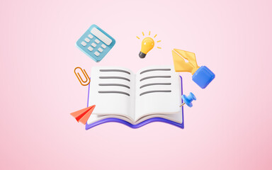 Cartoon books , pen and so on stationery, 3d rendering.