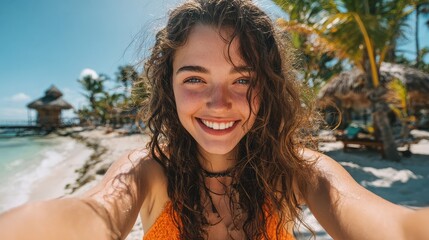 portrait of smiling young woman taking a selfie at beach during cheerful hispanic woman enjoying at beach during holiday happy girl taking photo over exotic tropical beach looking at camera no logos 