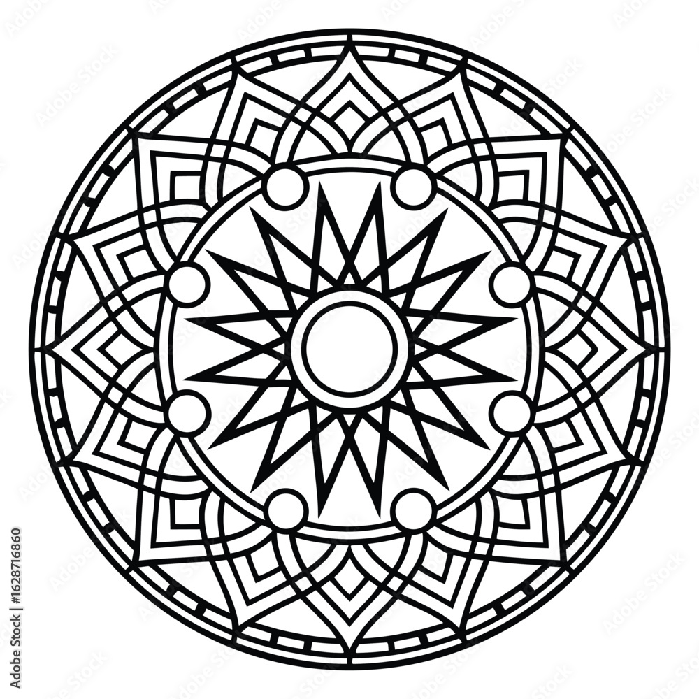 Poster geometric circle: intricate linear mandala design with starburst center and circular accents in a sy