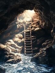Wooden ladder leads to light in a dark cave.