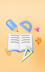 Cartoon books , pencil, rulers and so on stationery, 3d rendering.