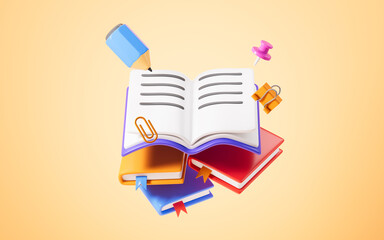 Cartoon opening book and pencil, 3d rendering.