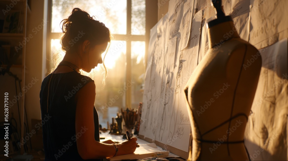 Poster designer in a sunlit workspace sketching alterations while examining pinned fabric on a mannequin bl