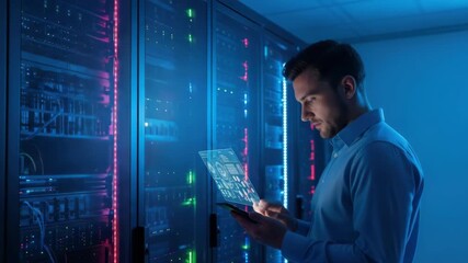 A focused professional analyzing data on a digital tablet in a modern server room filled with illuminated racks showcasing technology and data management in a corporate environment - Powered by Adobe