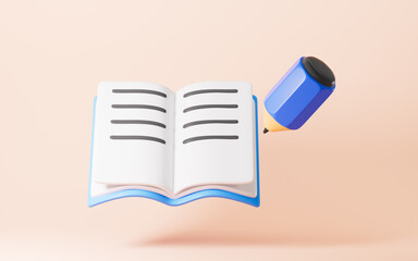 Cartoon opening book and pencil, 3d rendering.