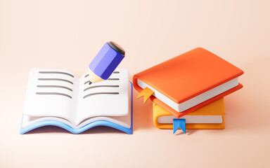 Cartoon books and pencil and so on learning stationery, 3d rendering.