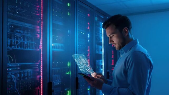 A focused professional analyzing data on a digital tablet in a modern server room filled with illuminated racks showcasing technology and data management in a corporate environment - Powered by Adobe