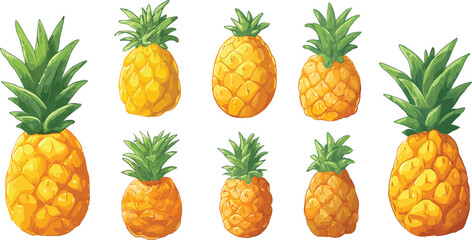 A beautifully illustrated set of nine pineapples, showcasing tropical fruit with a vibrant, hand-painted aesthetic on an isolated background.