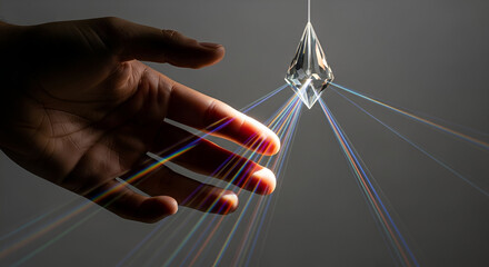 Faceted Glass Pendant Refracting Sunlight with Human Hand Nearby