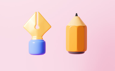 Cartoon blue pen and pencil in the pink background, 3d rendering.