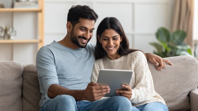happy indian family couple using digital tablet computer at home smiling young husband and wife watching tv video calling or doing online ecommerce shopping together sitting on couch in living room n