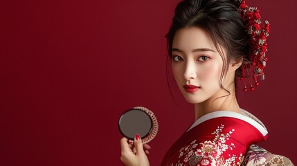 Japanese woman in red floral kimono, Holding decorative mirror, Studio portrait with red background, Elegant cultural attire, Minimalist traditional fashion photography


