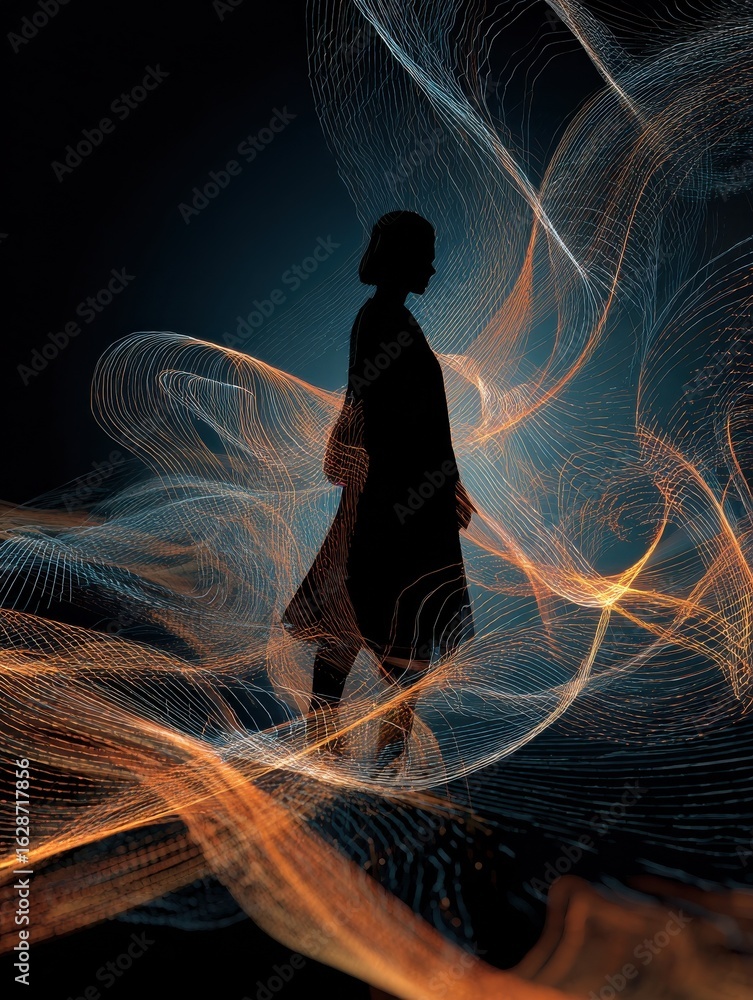 Poster person in silhouette surrounded by dynamic swirling lines and abstract shapes at night generative ai