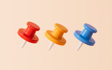 Cartoon pushpins tools, office stationery, learning stationery, 3d rendering.