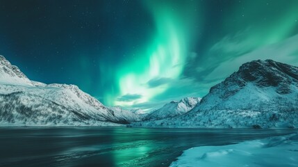 A mesmerizing green aurora borealis over snowy mountains 