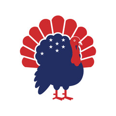 Patriotic american turkey with stars and stripes tail feathers isolated on white background