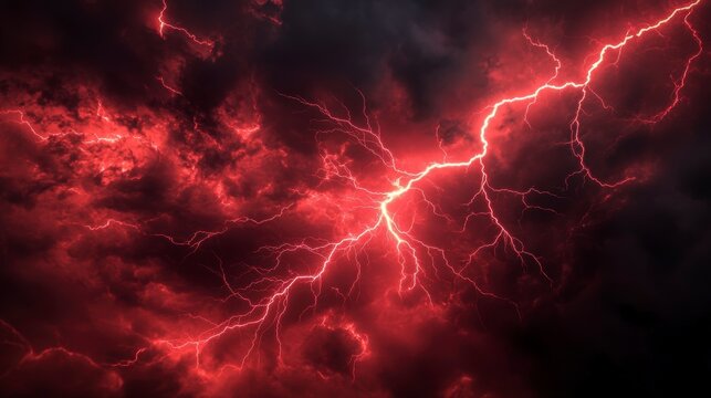 Dramatic red lightning striking through dark storm clouds.