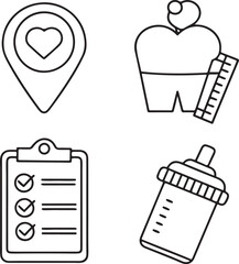 Isolated black fitness icon set, quadrant layout featuring gym location pin, heart rate monitor, diet plan clipboard, pre-workout supplement powder, clean minimalist flat vector design for healthy lif