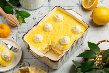 High angel view of Lemon Tiramisu. Italian refreshing dessert made with cream, soaked ladifingers,...