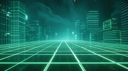 A neon green laser grid on a futuristic sci-fi backdrop 
