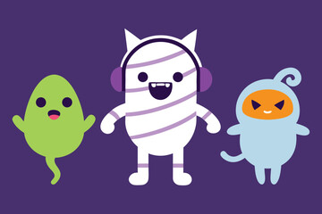 Halloween, Charming halloween illustration featuring cute ghosts playful bats and festive pumpkins with a witchy theme