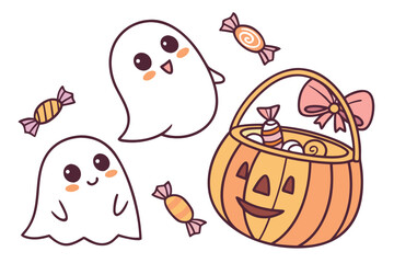 Halloween, Adorable halloween characters including ghosts bats and pumpkins in a cute whimsical vector art style
