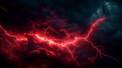 Red lightning strikes through dark, stormy clouds.