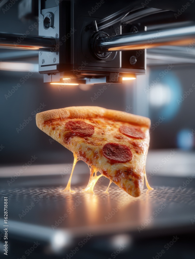 Poster closeup of a 3d printer creating a pizza slice