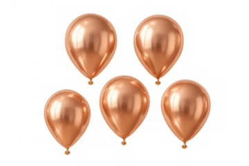 Five rose gold balloons floating against a transparent background, creating a festive and celebratory atmosphere