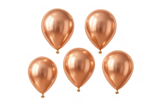 Five rose gold balloons floating against a transparent background, creating a festive and celebratory atmosphere