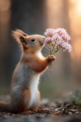 A squirrel holding a bunch of flowers in its mouth
