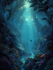 Obraz premium kelp forest dreamscape an enchanting underwater realm with lightdappled water vibrant marine life and steampunk aesthetics in cool blue hues