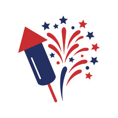 Red white and blue firework rocket exploding with stars isolated on white background