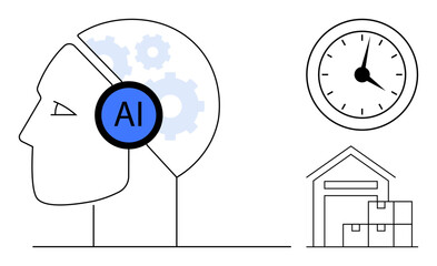 Human profile with AI label, gears, clock, and warehouse icon representing technology, automation, logistics, productivity, innovation, AI implementation and time management as a simple flat