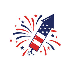 American flag firework rocket exploding with red white and blue stars and bursts isolated on white background