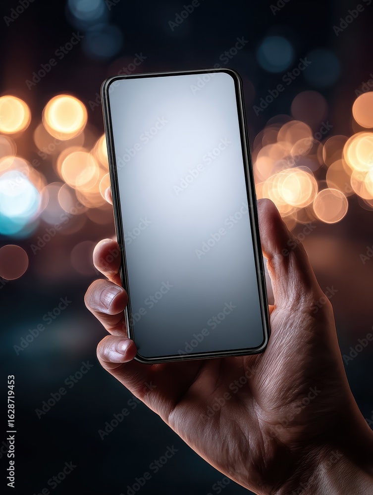 Poster a hand firmly grasps a smartphone with a blank screen illuminated by soft lighting in the background