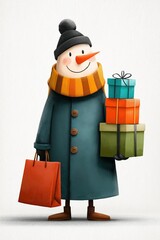 Festive snowman carrying gifts during holiday shopping season