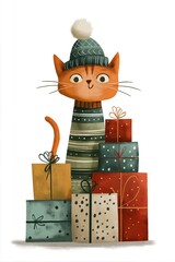 Colorful cat wearing a hat surrounded by festive gift boxes